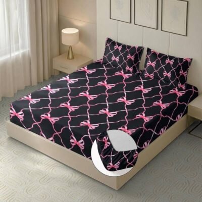 Microfiber Digital Print Bow Design Fitted Bedsheet King Fitted Black