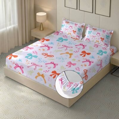 Microfiber Digital Print Bow Design Fitted Bedsheet King Fitted White