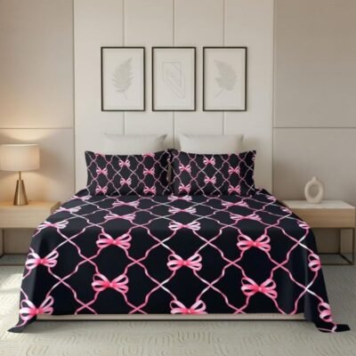 Microfiber Digital Print Bow Design Fitted Bedsheet Super King Flat Black