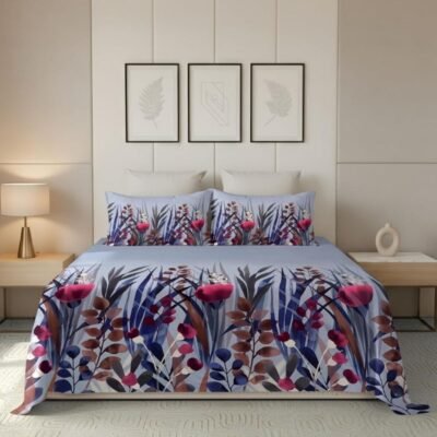 Microfiber Digital Print Bow Design Fitted Bedsheet Super King Flat Dusty Blue