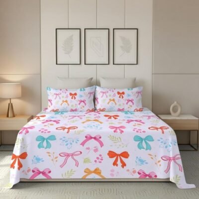 Microfiber Digital Print Bow Design Fitted Bedsheet Super King Flat White
