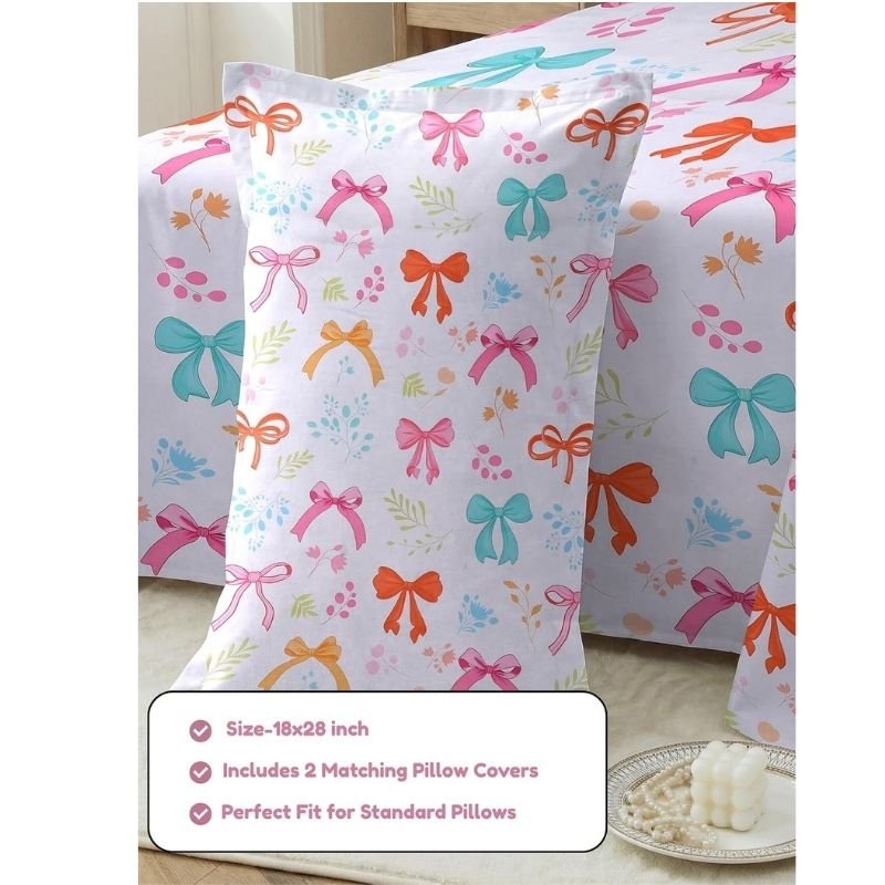 Microfiber Digital Print Bow Design Fitted Bedsheet White 1