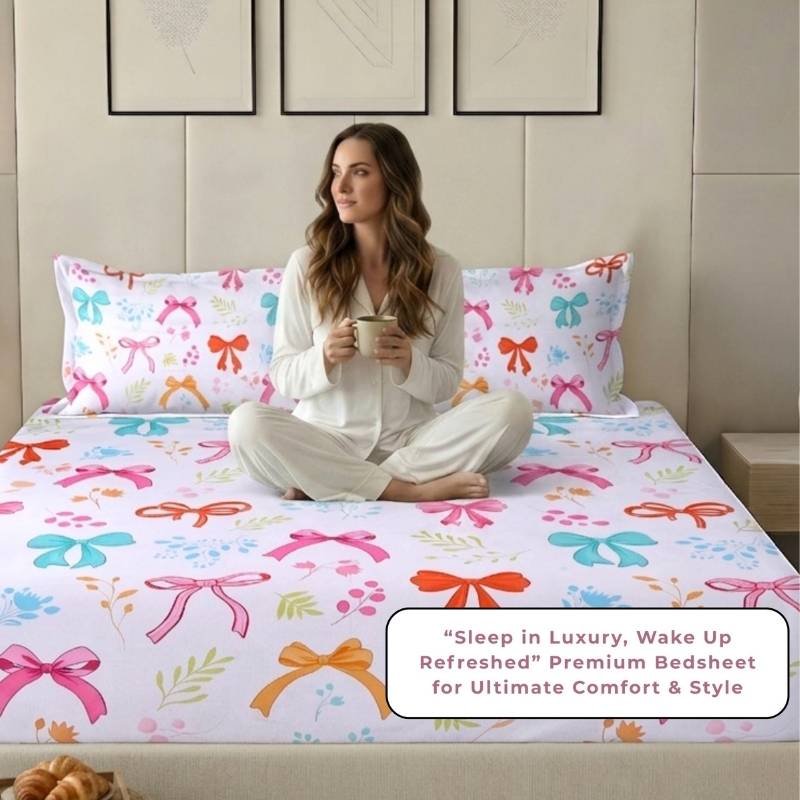 Microfiber Digital Print Bow Design Fitted Bedsheet White 2