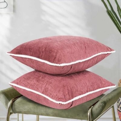 Premium Velvet Cushion Covers Set of 5 | All-Side Pom Pom Tassel Fringe with Floral Textured Design Cushion Covers 16x16 |Throw Pillowcases for Home Décor (Beige Gold)