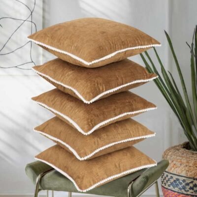 Premium Velvet Cushion Covers Set of 5 | All-Side Pom Pom Tassel Fringe with Floral Textured Design Cushion Covers 16x16 |Throw Pillowcases for Home Décor (Beige Gold)