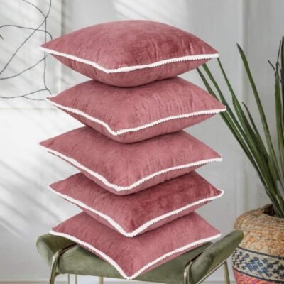 Premium Velvet Cushion Covers Set of 5 | All-Side Pom Pom Tassel Fringe with Floral Textured Design Cushion Covers 16x16 |Throw Pillowcases for Home Décor (Beige Gold)