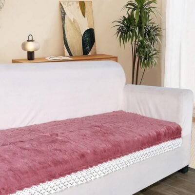 RD TREND® Premium Faux Rabbit Fur Sofa Chair Cover for 4 Seater | Plush Anti-Slip Sofa Protector with Lace Design | 75(D) x220(W) cm Soft, Washable & Durable | Dusty Pink