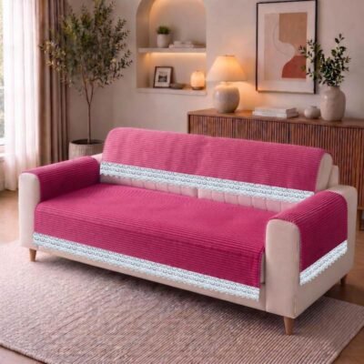 Corduroy Lace Sofa Cover 1 Seater | Fully Covered Sofa Protector with Anti-Skid Backing - Pink, 1 Seater